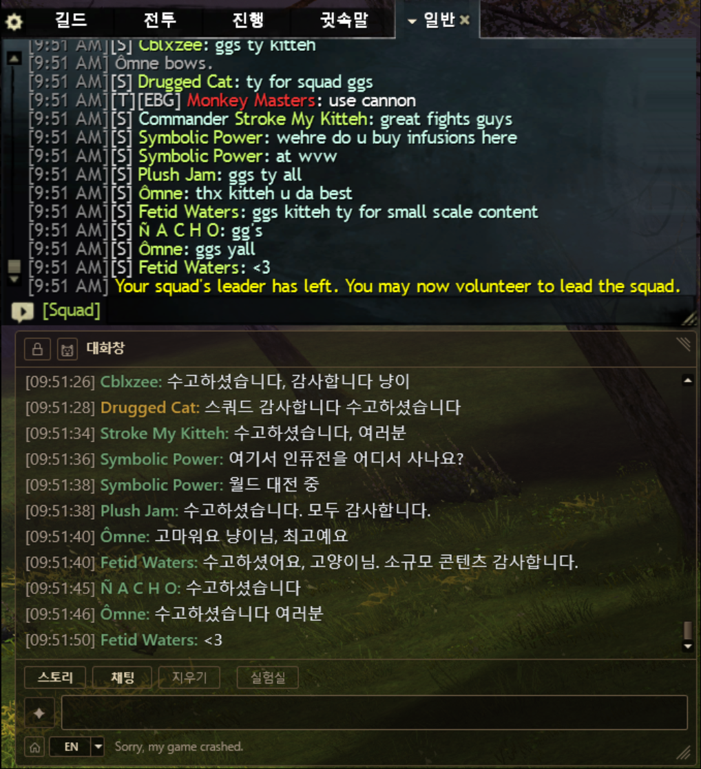 WvW 전장에서 스쿼드 채팅이 한국어로 번역되는 장면